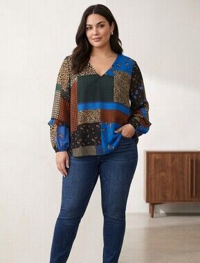 Calvin Klein Blue, Brown and Black Patchwork V-Neck Blouse Size 3X